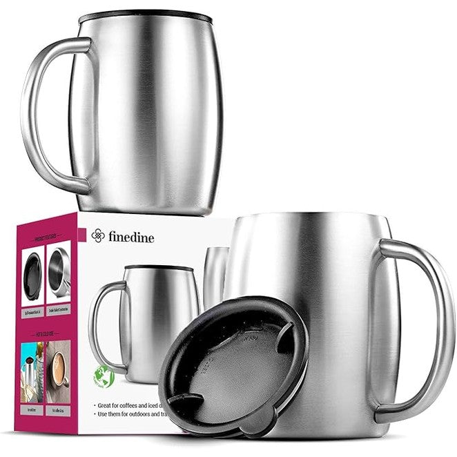 Finedine Insulated Stainless Steel Coffee Cups (Set Of 2) BPA-Free Spill Proof Lid