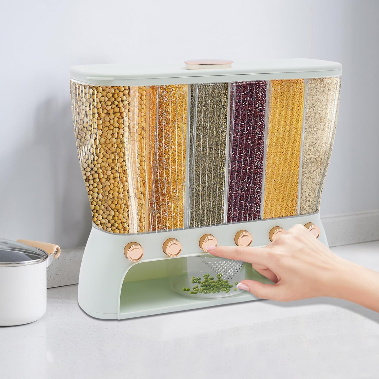 10kg Multi-Grain Rice Storage Dispenser – 6 Grid Dry Food Storage Container with Measuring Cup | Rice, Beans, Cereals & Pet Food Storage