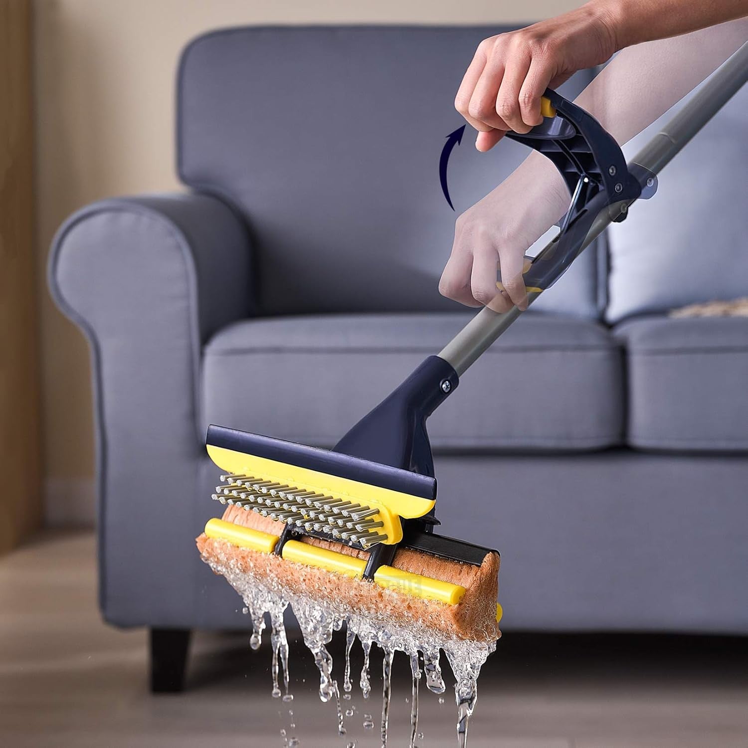 Yocada Commercial Sponge Mop with 2 Heads, Squeegee & Extendable Telescopic Handle – For Tile, Bathroom & Garage Cleaning