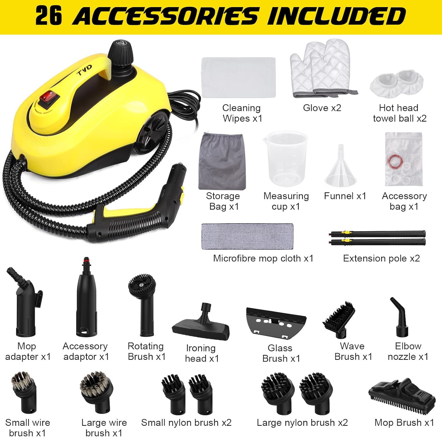 TVD Steam Cleaner SW-608 & Steam Mop for Floor Cleaning with 29 Accessories, 5m Cord for Carpet, Sofa, Oven & Car