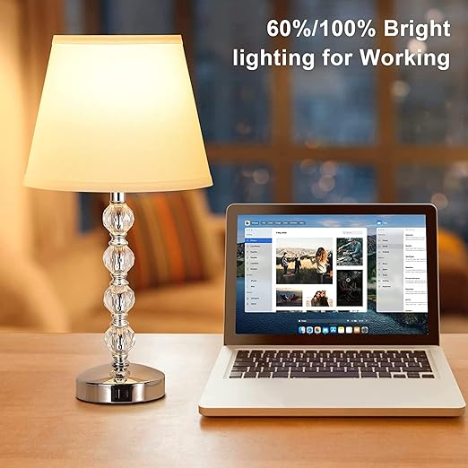 Seealle Touch Crystal Table Lamp – 3-Way Dimmable with USB-A & USB-C Charging Ports, White Linen Shade, Metal Base, and LED Bulb Included for Bedroom, Living Room, or Office/ TL11ASE7C