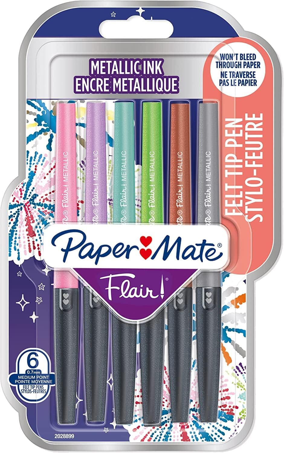 Paper Mate Flair Metallic Marker Pens – 0.7mm Medium Tip, 6 Pack