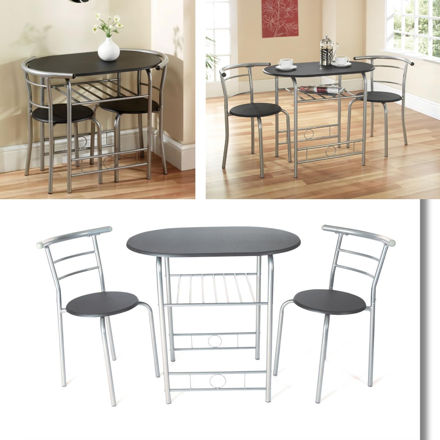 3-Piece Space-Saving Dining Set – Black/Silver Table with 2 Chairs – Compact Kitchen & Dining Furniture - 4217