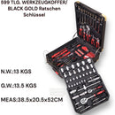 Premium 599 Piece Professional Aluminium Tool Box Set - With Wheels, Telescopic Handle, 4 Levels, Ring Ratchets, Socket Wrenches, Ratchets and Open-End Spanner