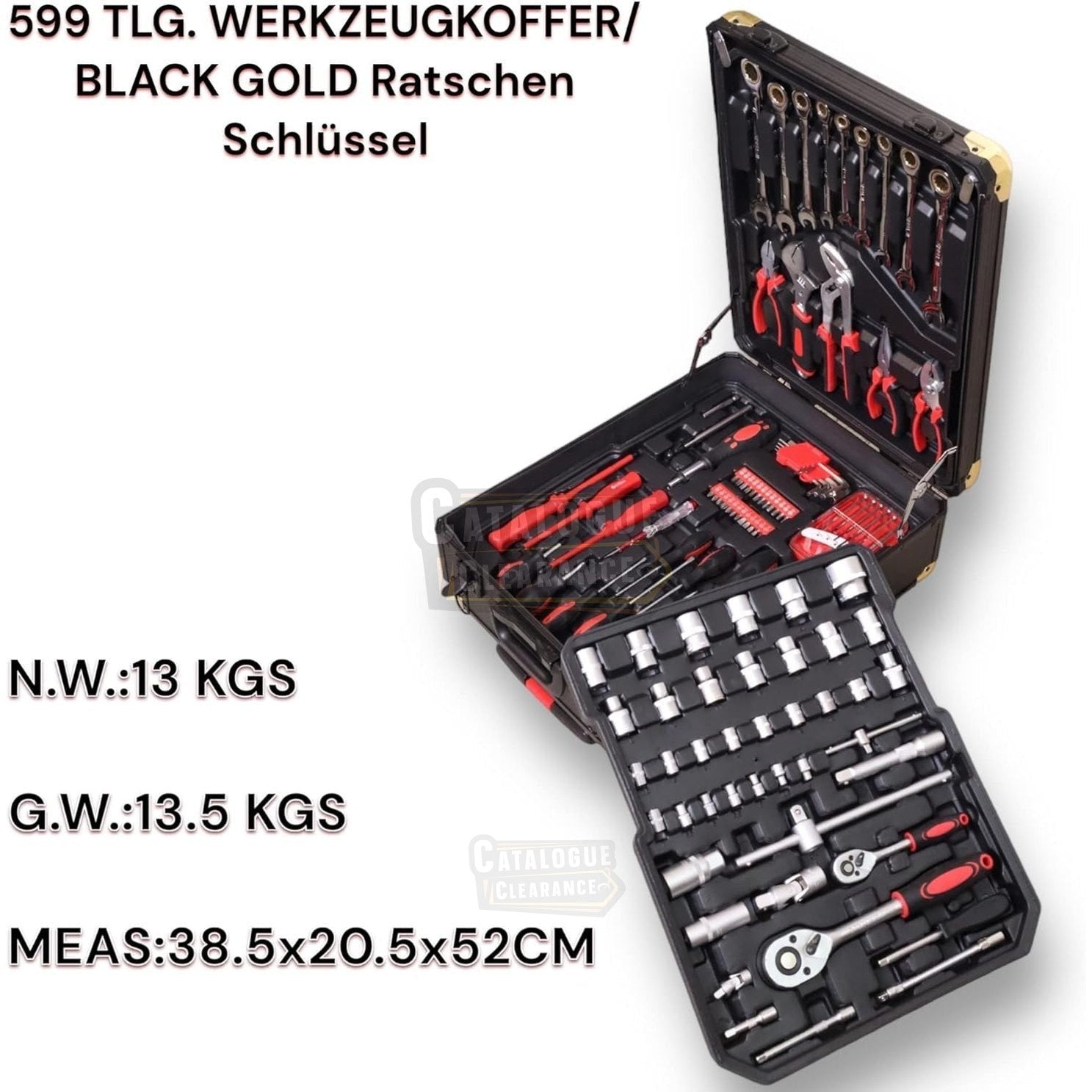 Premium 599 Piece Professional Aluminium Tool Box Set - With Wheels, Telescopic Handle, 4 Levels, Ring Ratchets, Socket Wrenches, Ratchets and Open-End Spanner