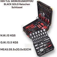 Premium 599 Piece Professional Aluminium Tool Box Set - With Wheels, Telescopic Handle, 4 Levels, Ring Ratchets, Socket Wrenches, Ratchets and Open-End Spanner