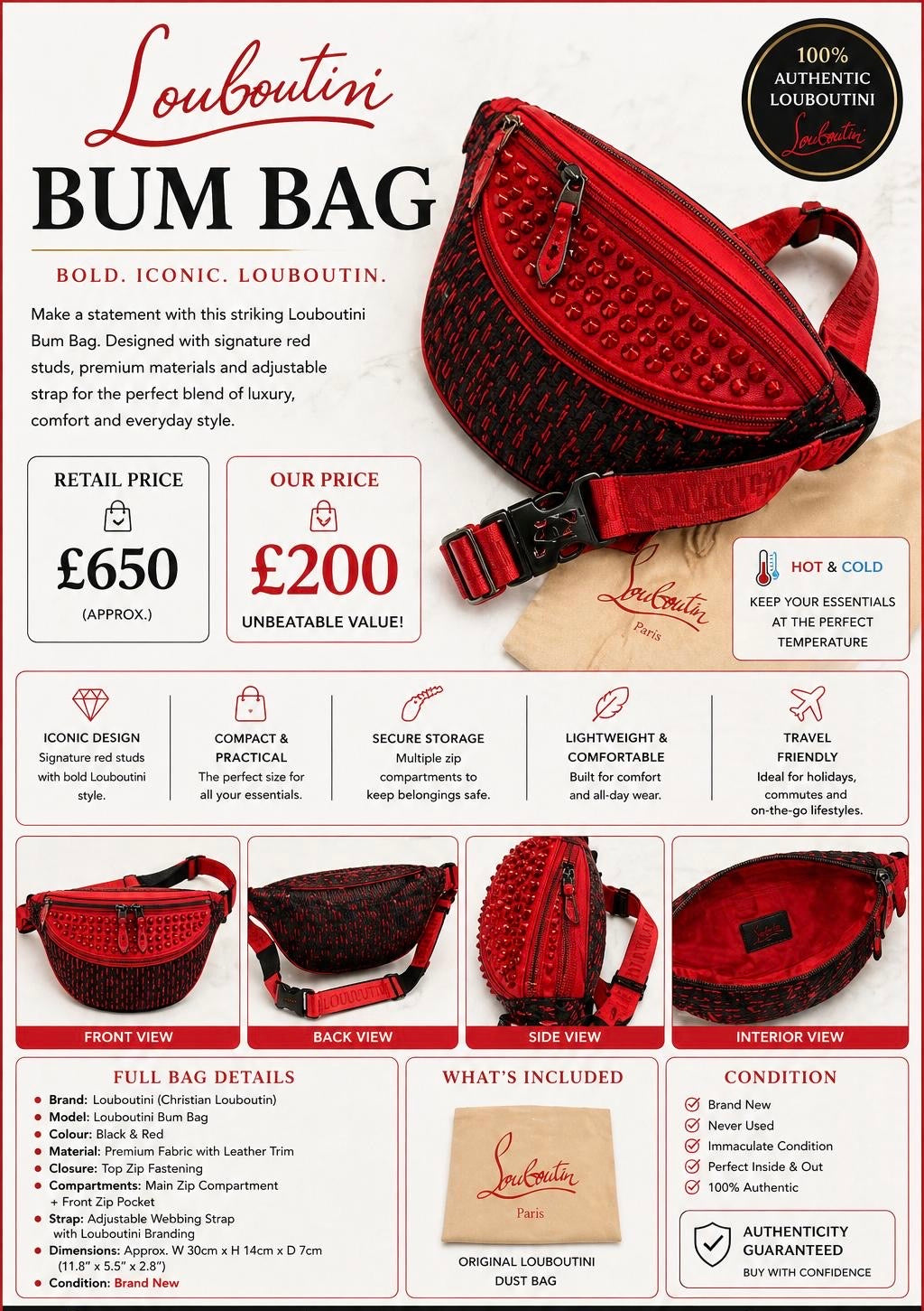 Louboutisi BUM BAG - PRELOVED ICONIC DESIGN Signature red studs with bold Louboutini style.