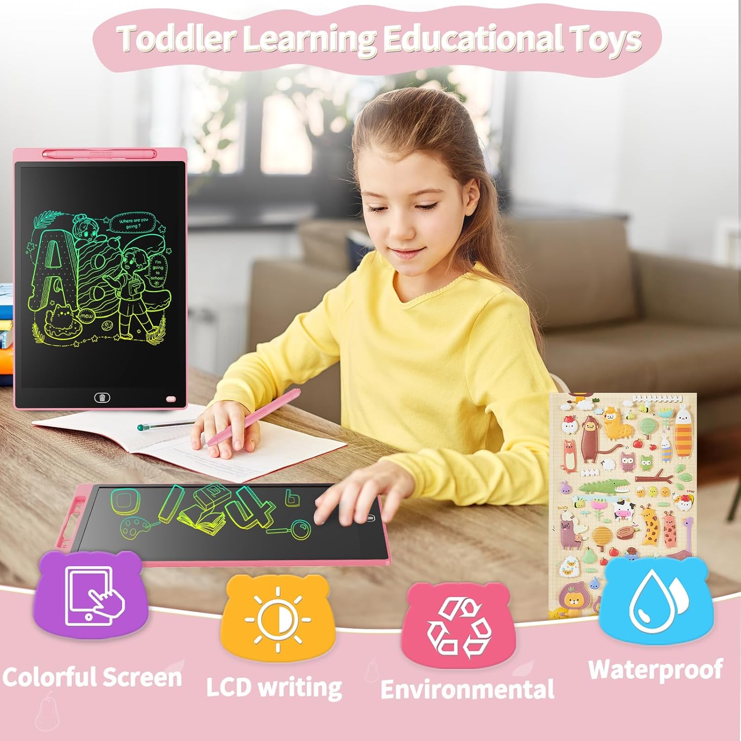 [2 Pack] Genialba 8.5 inch LCD Drawing Tablet for Kids Colorful Screen Writing Board Toddler Toys Learning Educational Stocking Fillers Kids Gifts for for 3-7 Year Old Boys Girls, (Pink&Blue)