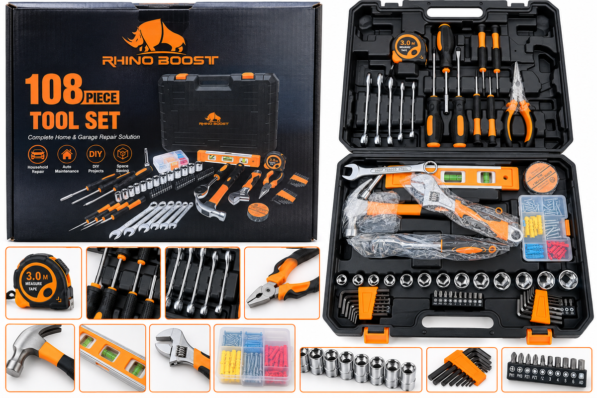 Rhino Boost 108-Piece Tool Set – Complete Home & Garage DIY Repair Kit with Carry Case