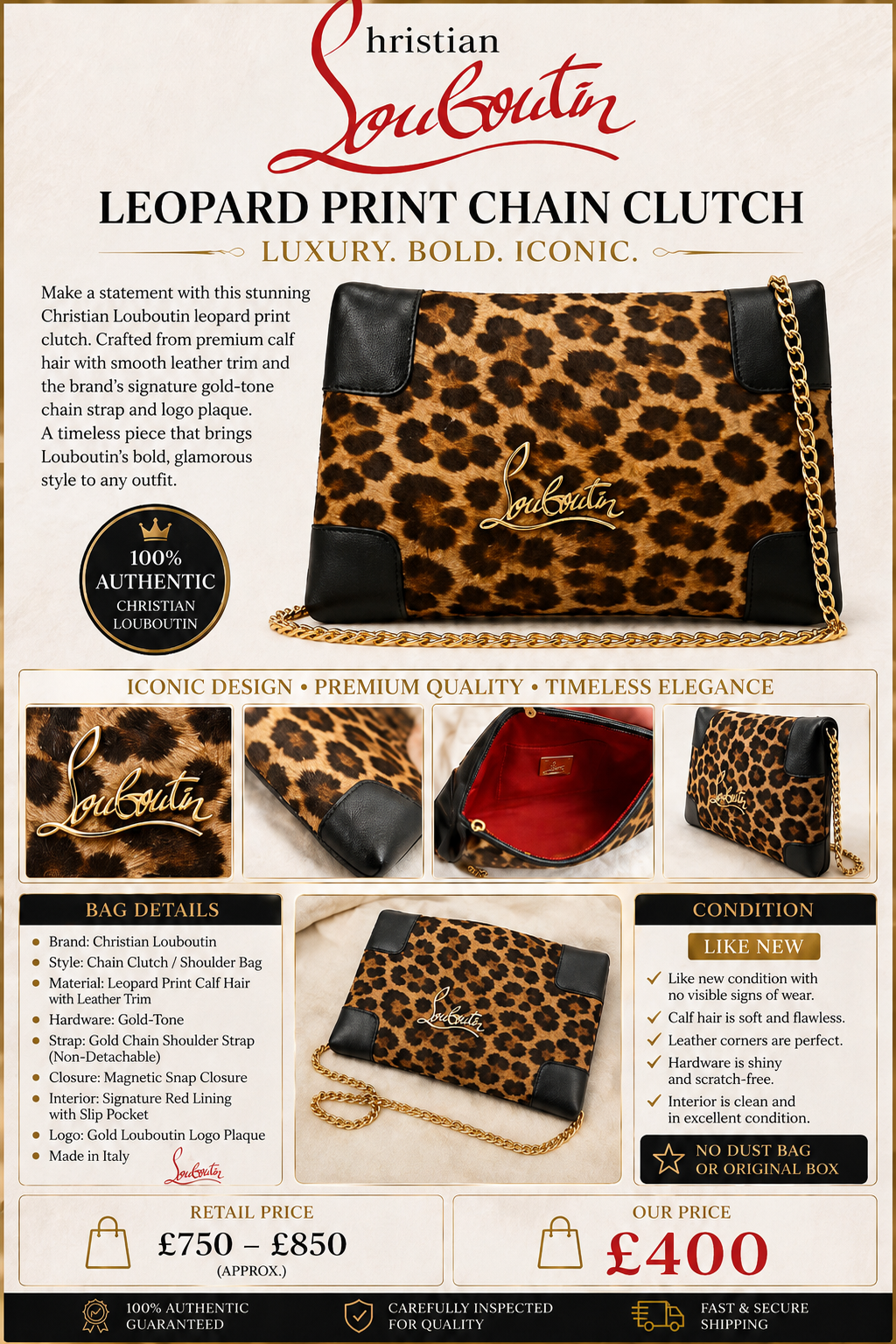 Christian Louboutin Leopard Print Chain Clutch – Luxury Designer Shoulder Bag - PRELOVED