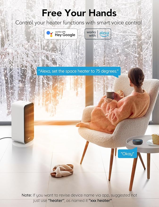 Govee Life Smart Electric Heater – Low Energy Ceramic Space Heater with Thermostat, WiFi & Bluetooth App Control – Compatible with Alexa & Google Assistant – Portable Heater for Bedroom, Office & Home (White)