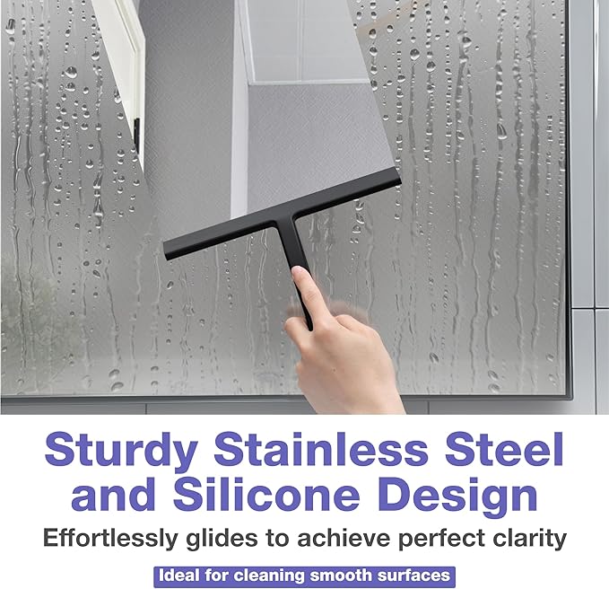 Stainless Steel Shower Squeegee for Glass Doors – 10-Inch All-Purpose Window, Mirror & Car Squeegee