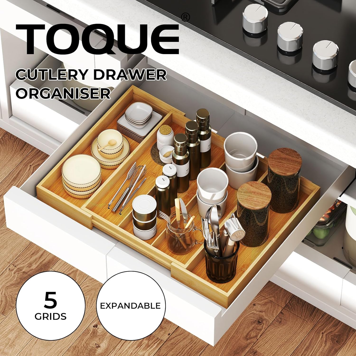 Bamboo Expandable Cutlery Drawer Organiser – Adjustable Wooden Utensil Storage Tray