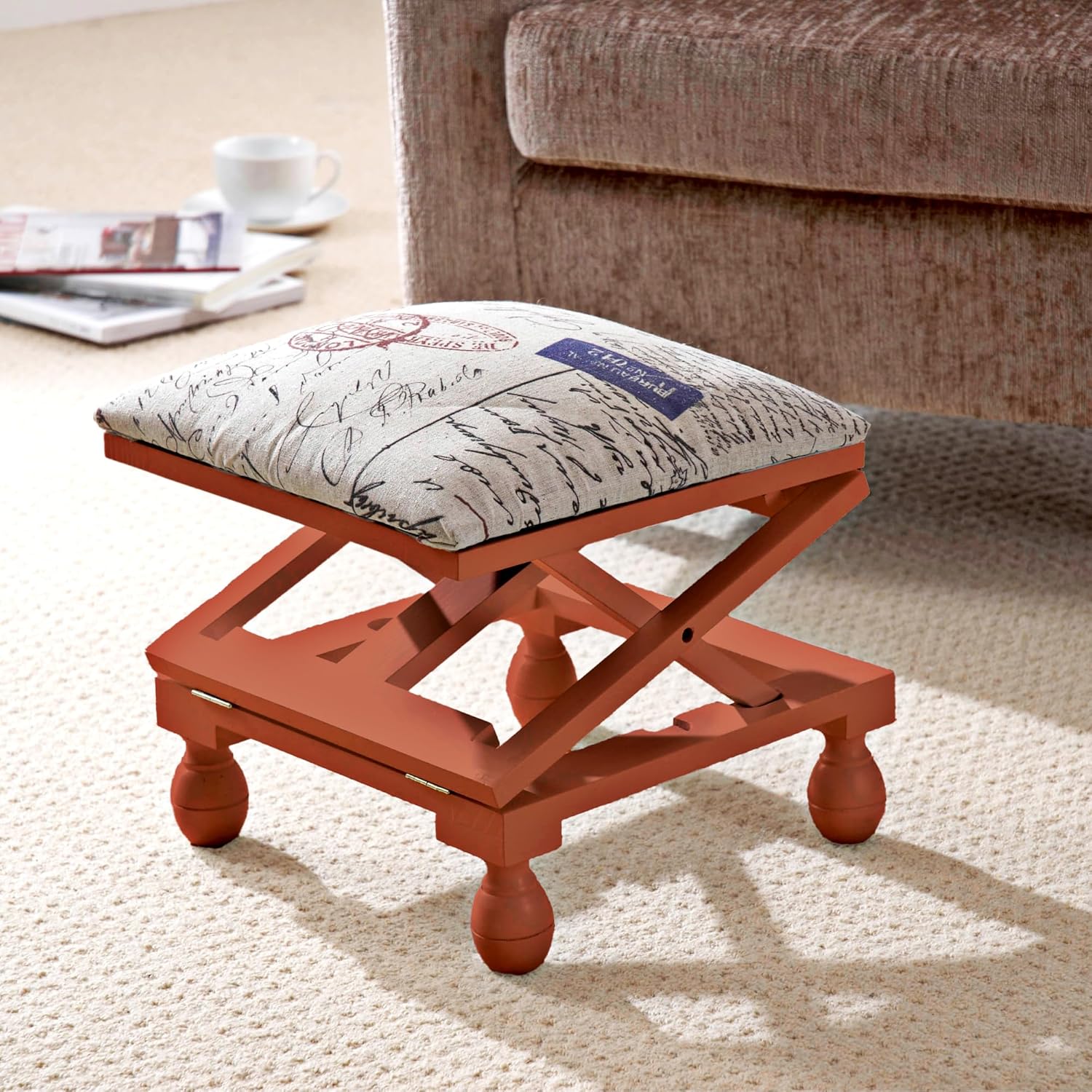 Adjustable 3-Position Footstool – Solid Wood Frame with Padded Top – Traditional Oak Finish - 4494