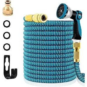 50FT Flexible Expandable Garden Hose – 3x Expanding Water Pipe with 10-Function Spray Gun & Solid Brass 3/4" & 1/2" Fittings