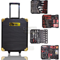 Premium 599 Piece Professional Aluminium Tool Box Set - With Wheels, Telescopic Handle, 4 Levels, Ring Ratchets, Socket Wrenches, Ratchets and Open-End Spanner