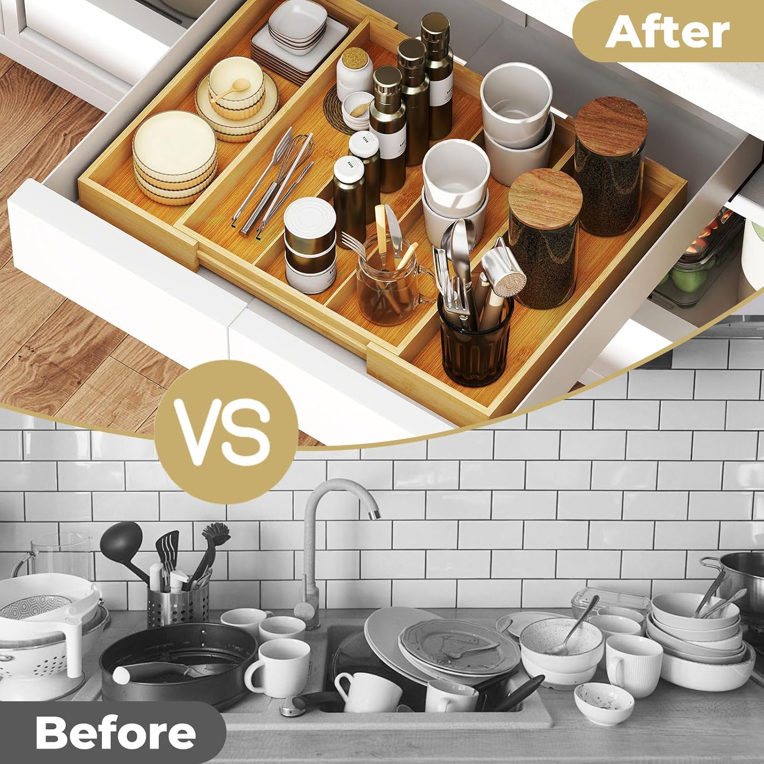 Bamboo Expandable Cutlery Drawer Organiser – Adjustable Wooden Utensil Storage Tray