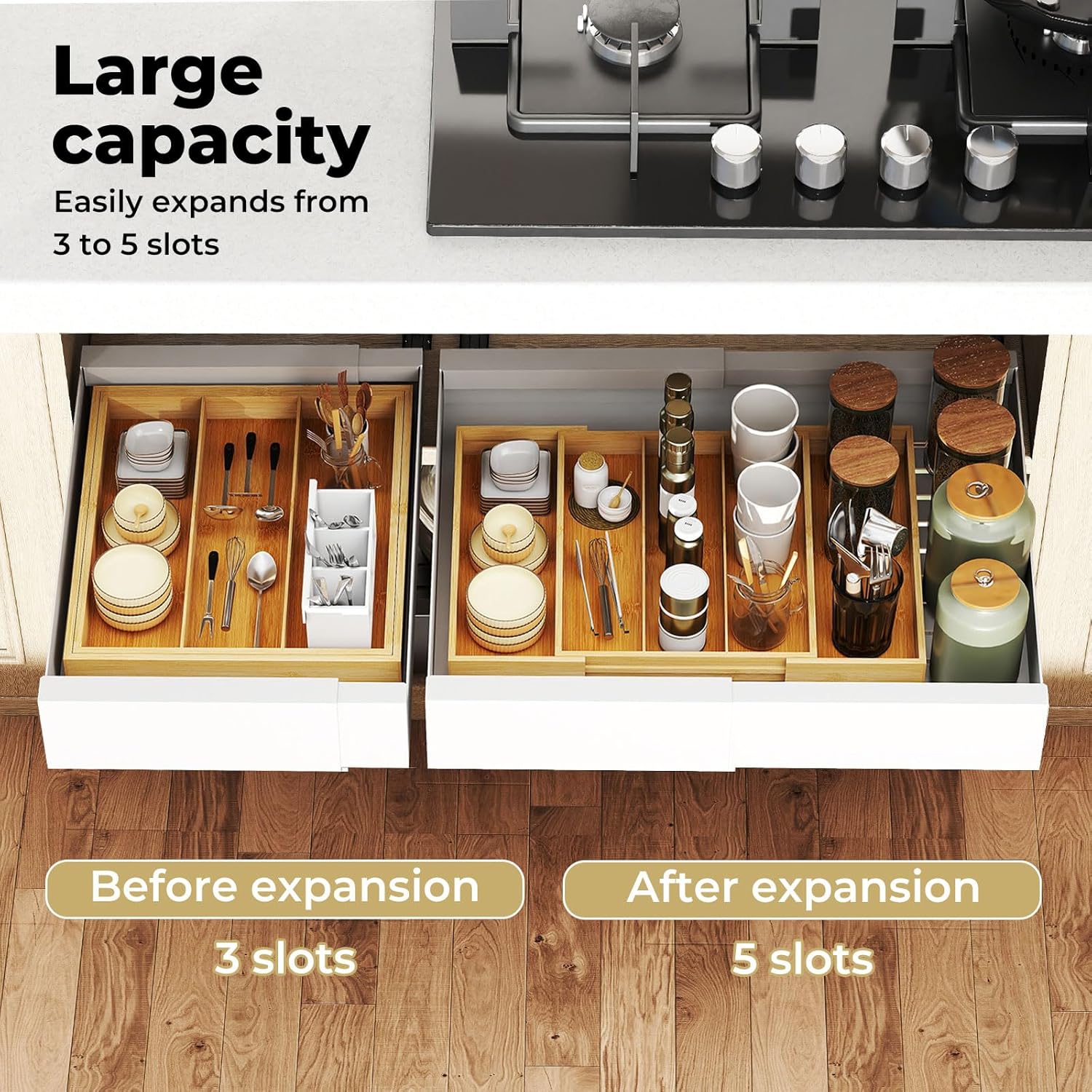 Bamboo Expandable Cutlery Drawer Organiser – Adjustable Wooden Utensil Storage Tray