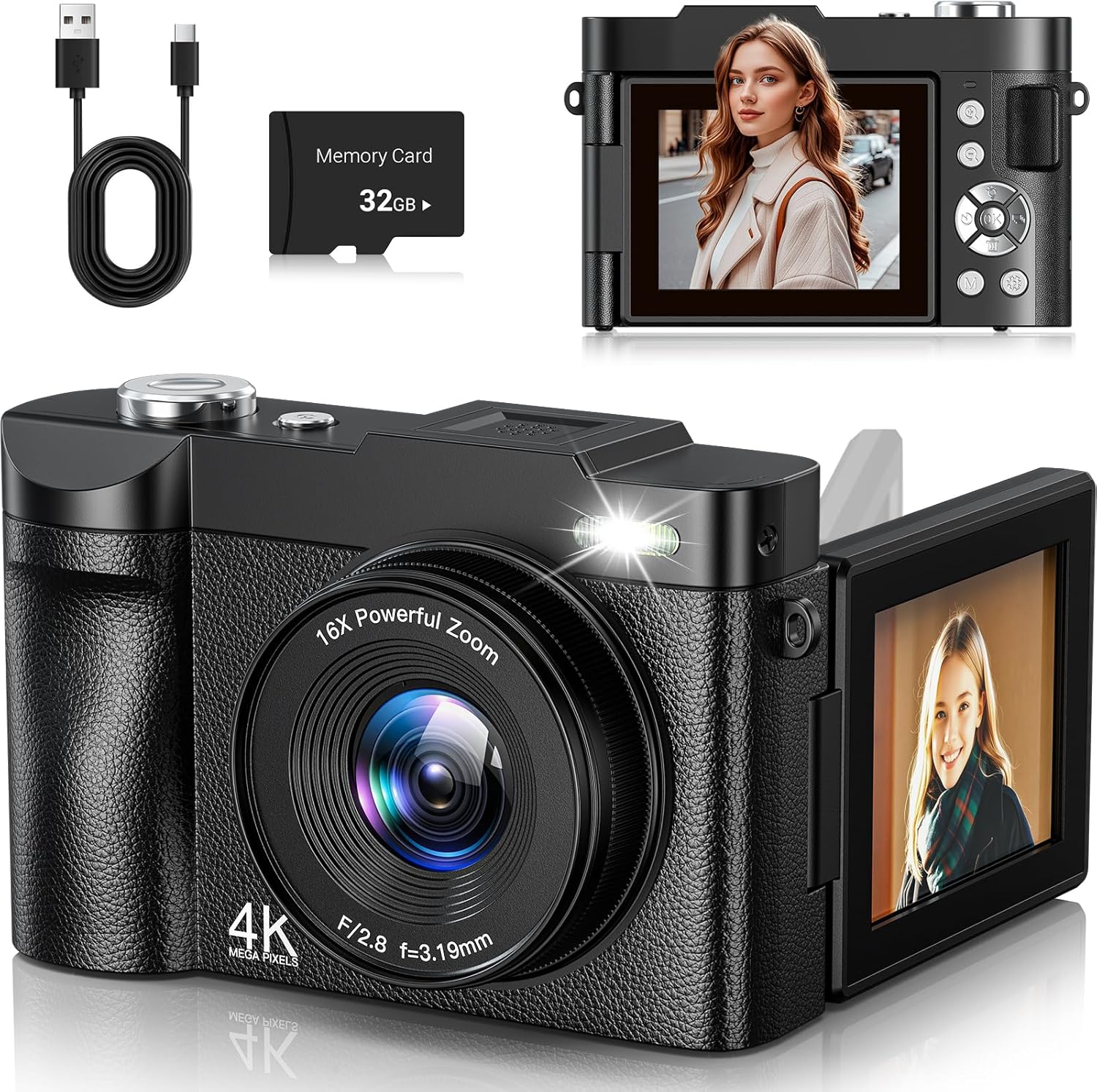 4K Digital Camera 50MP Autofocus Vlogging Camera – 2.8" Flip Screen, 16X Zoom, Webcam Function with 32GB Card