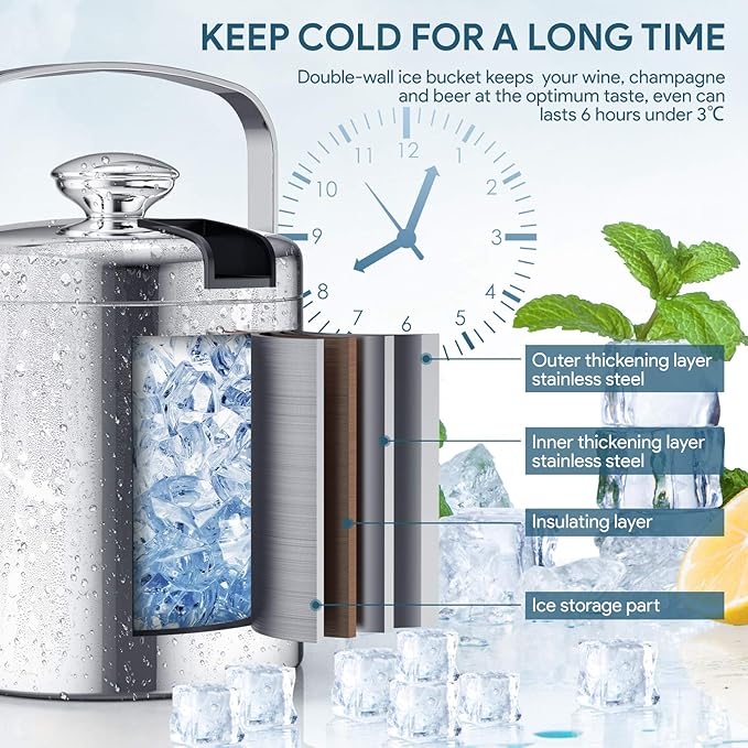 HOMEASY Ice Bucket, Double Wall Bar Ice Bucket Set 1.3L Stainless Steel Ice Bucket for Home Bar Including Lid, Tongs and Strainer Keeps Ice Cold & Dry Great for Bar, Party, Beer, Champagne and Wine