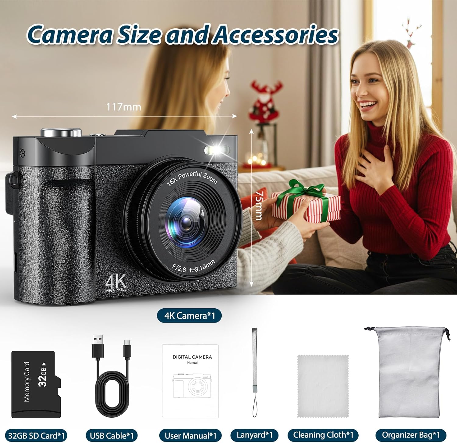 4K Digital Camera 50MP Autofocus Vlogging Camera – 2.8" Flip Screen, 16X Zoom, Webcam Function with 32GB Card