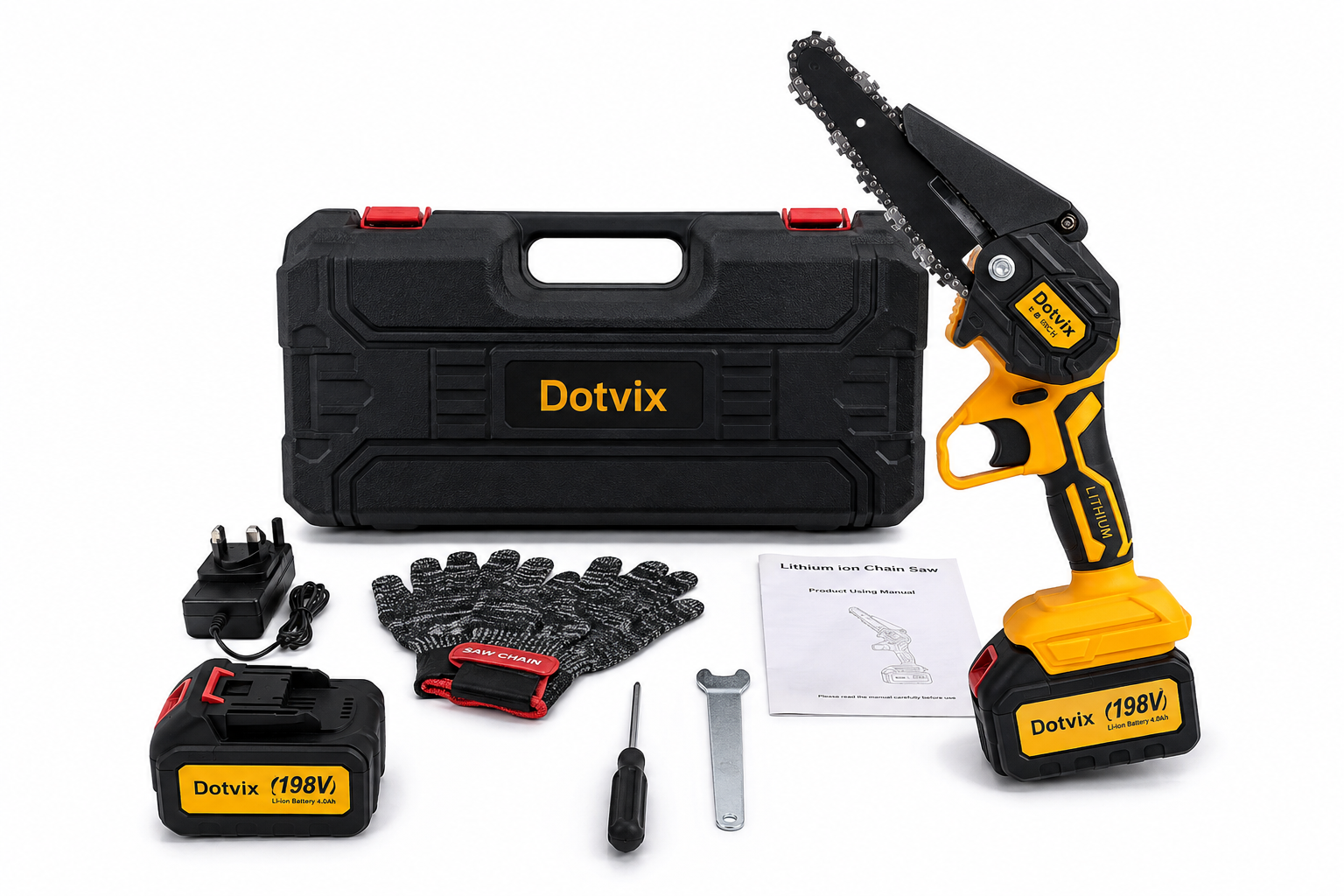 Dotvix Cordless Mini Chainsaw Kit – 8” Lithium-Ion Battery Powered Chainsaw with 2 Batteries, Carry Case & Accessories