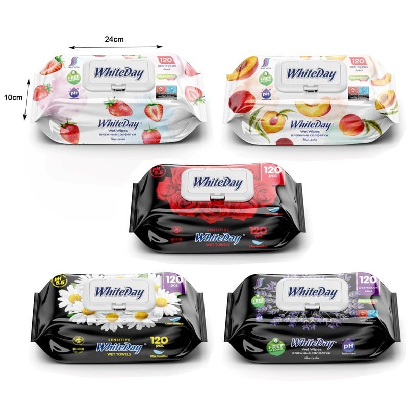 WhiteDay Antibacterial Cleaning Wipes Assorted Scents  – All-Purpose Hygienic Moist Wipes for Hands & Household Surfaces, Resealable Pack of 120 Pcs