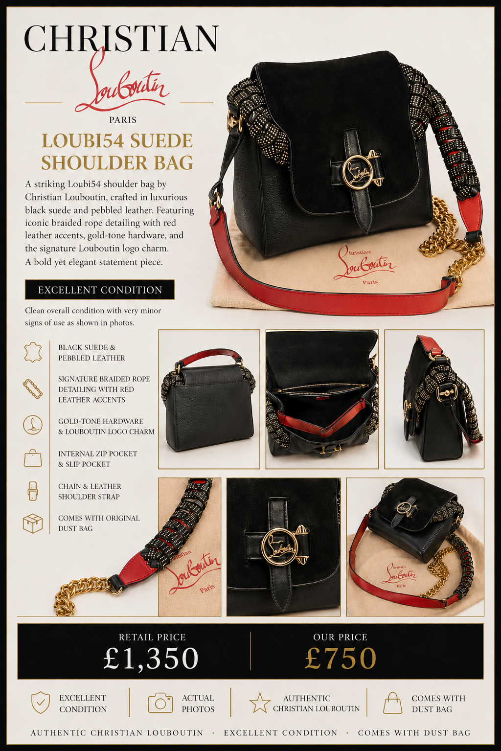 Christian Louboutin Loubi54 Suede Shoulder Bag – Black | Authentic Designer Handbag - PRELOVED