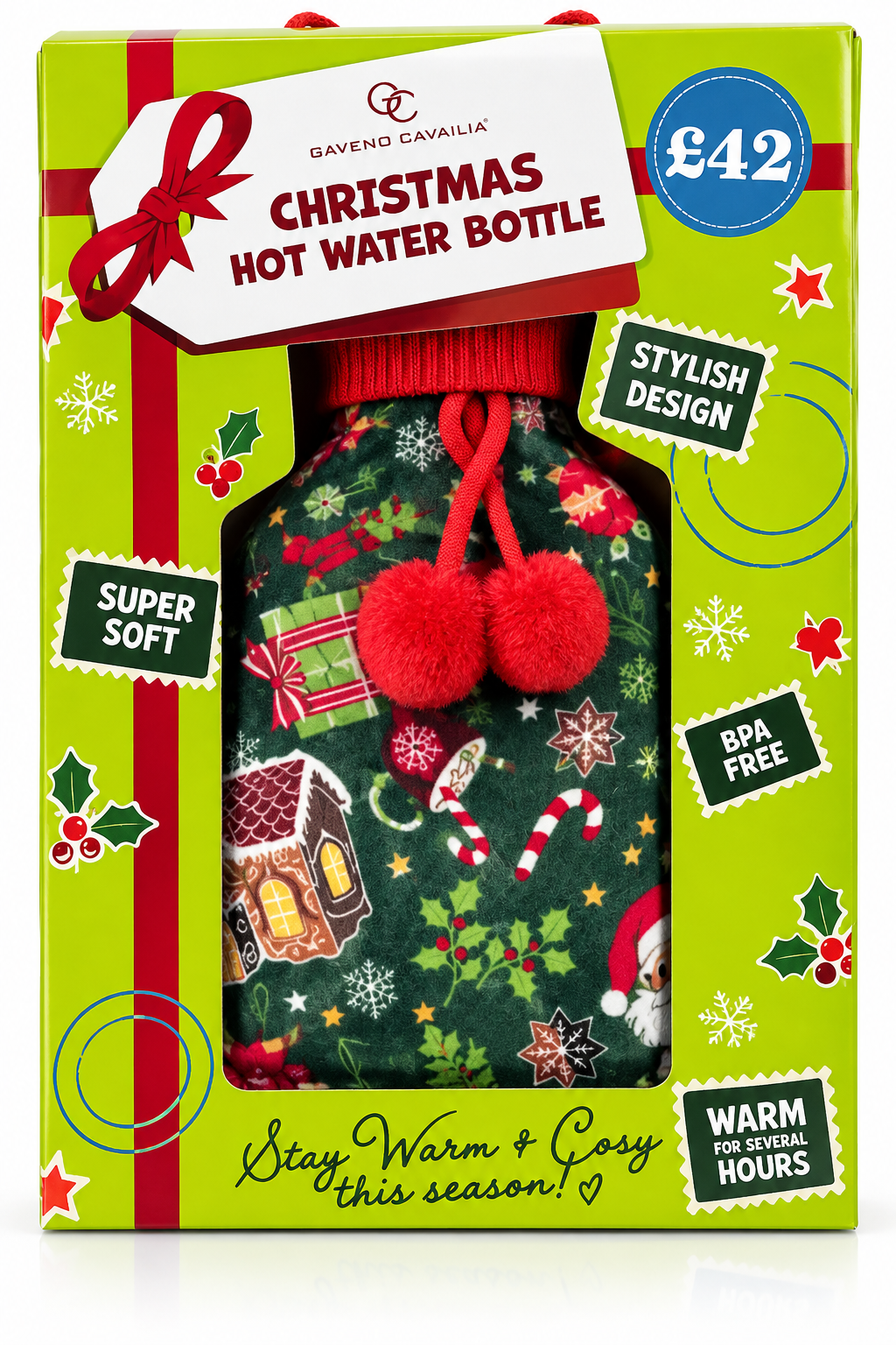 Gaveno Cavailia Christmas 2L Hot Water Bottle with Luxury Fleece Cover – Festive Green Design & Red Pom Poms
