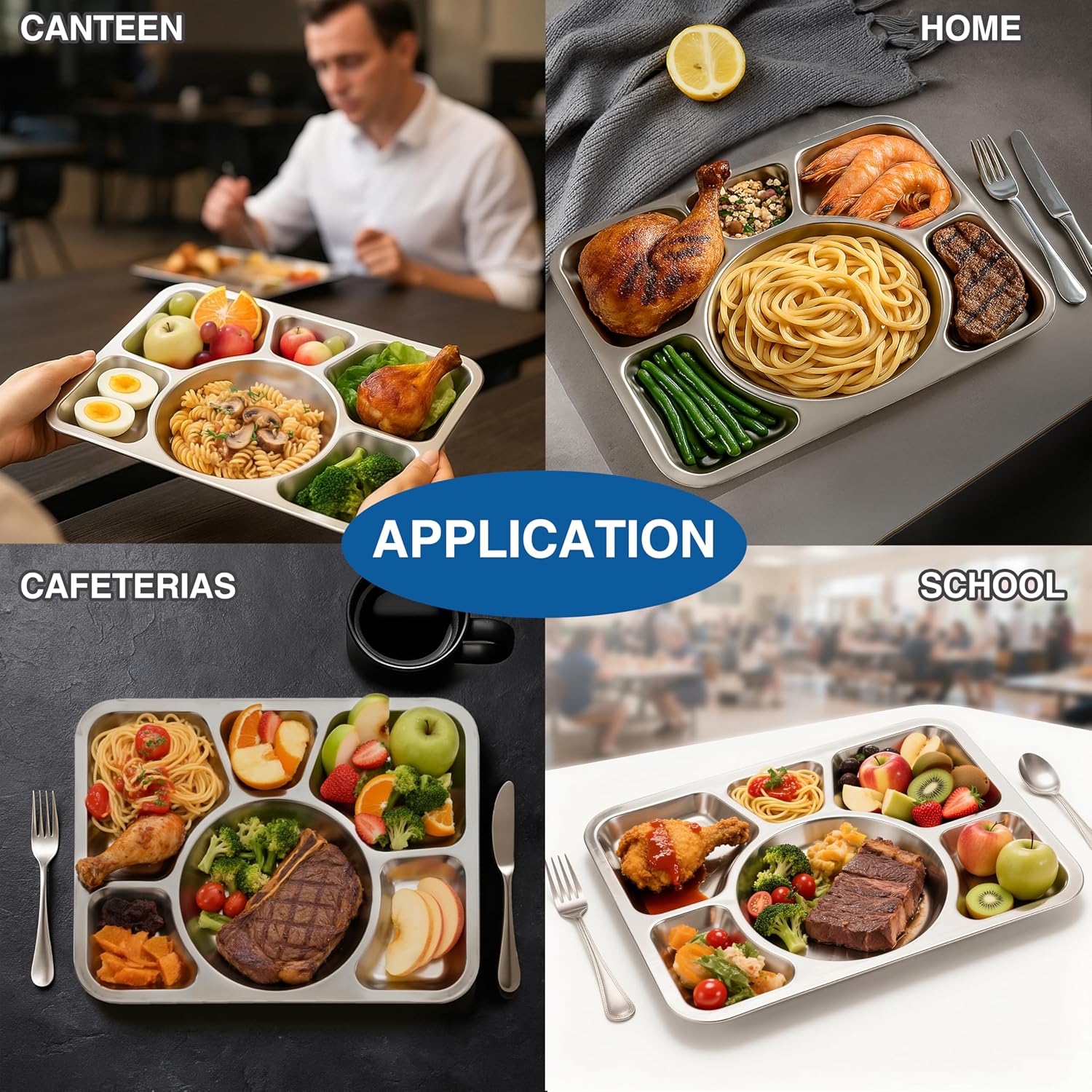 Stainless Steel 6‑Section Divided Dinner Plate – Durable Multi‑Compartment Food Tray