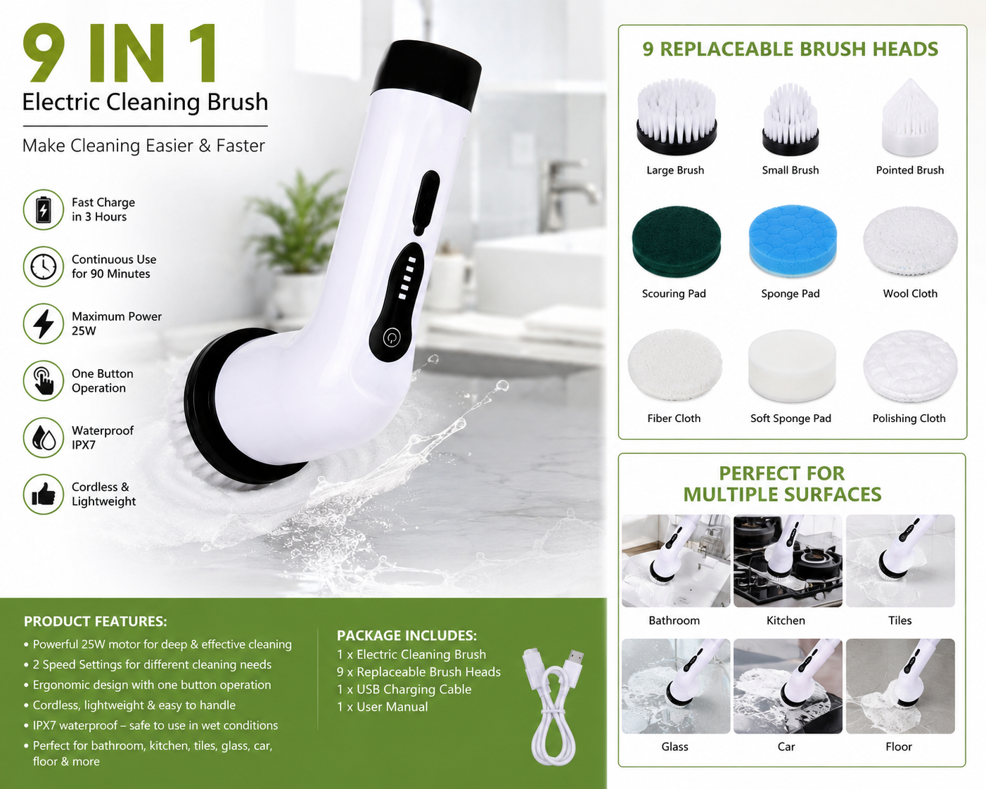 9-in-1 Cordless Electric Cleaning Brush – Multi-Surface Rechargeable Power Scrubber