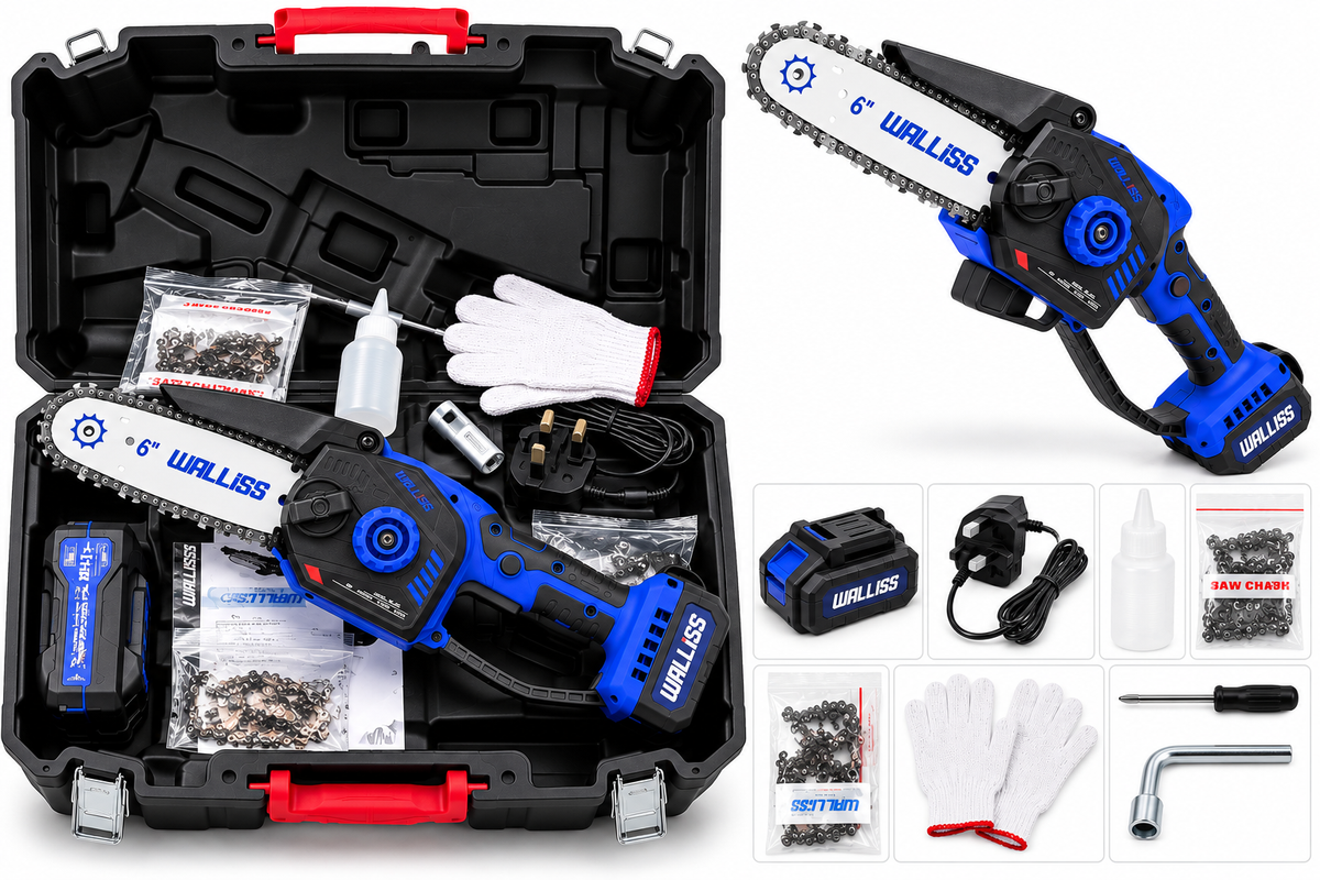 WALLISS 6-Inch Cordless Mini Chainsaw – Rechargeable Electric Pruning Saw with Carry Case & Accessories