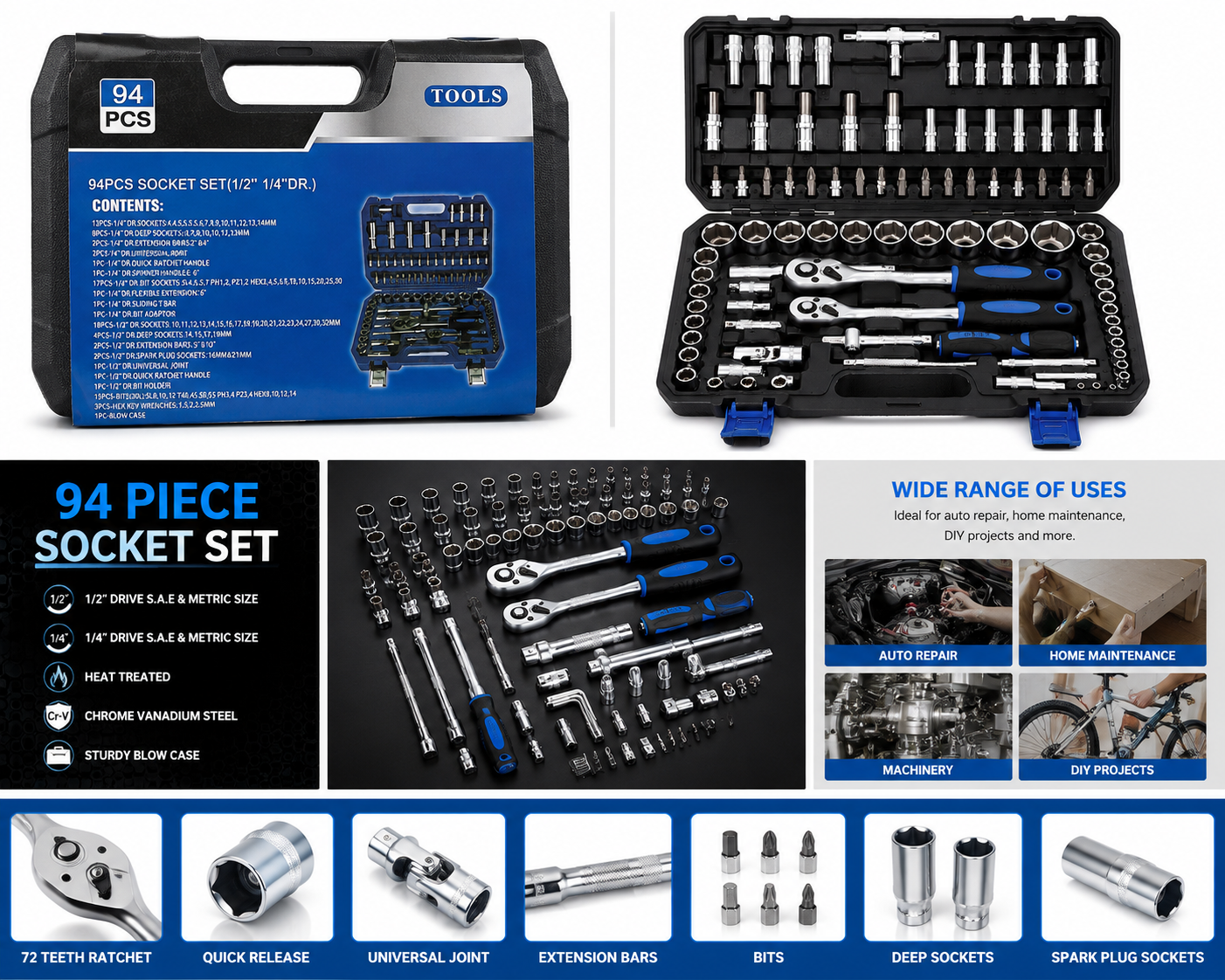 94 Piece Socket & Ratchet Tool Set – 1/4” & 1/2” Drive with Carry Case