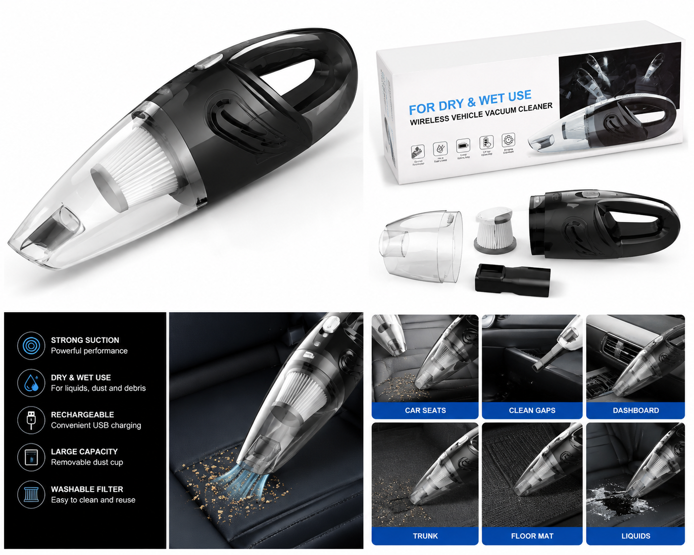 Cordless Handheld Car Vacuum Cleaner – Wet & Dry Rechargeable Vehicle Vacuum