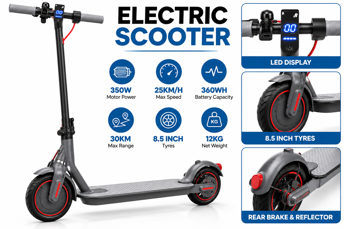 350W Foldable Electric Scooter – 25km/h Max Speed, 30km Range, 8.5” Tyres, 360Wh Battery – Grey & Blac