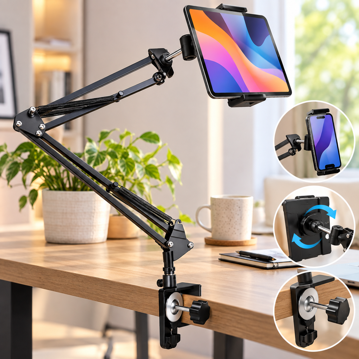 📱 Adjustable Desk-Mounted Phone & Tablet Holder Arm – Heavy-Duty Scissor Stand