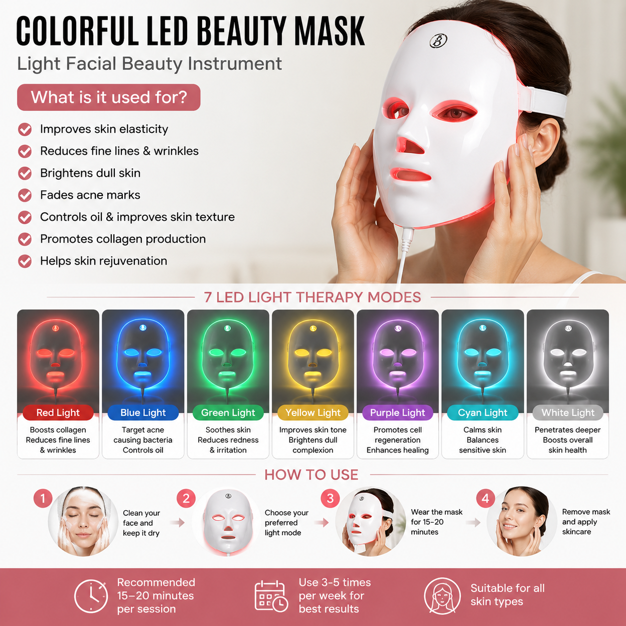 Colourful LED Beauty Mask – 7 Colour Light Facial Beauty Device