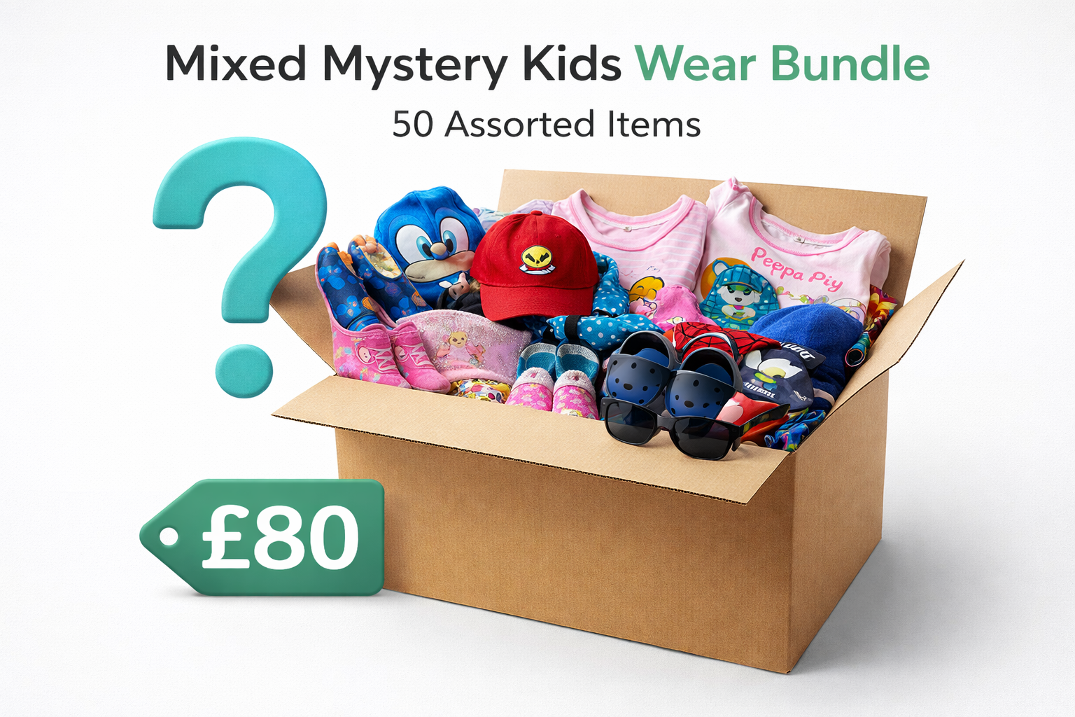 Mixed Mystery Kids Wear Bundle – 50 Assorted Items (Characters, Pyjamas, Hats, Gloves, Shoes & Accessories) – £80