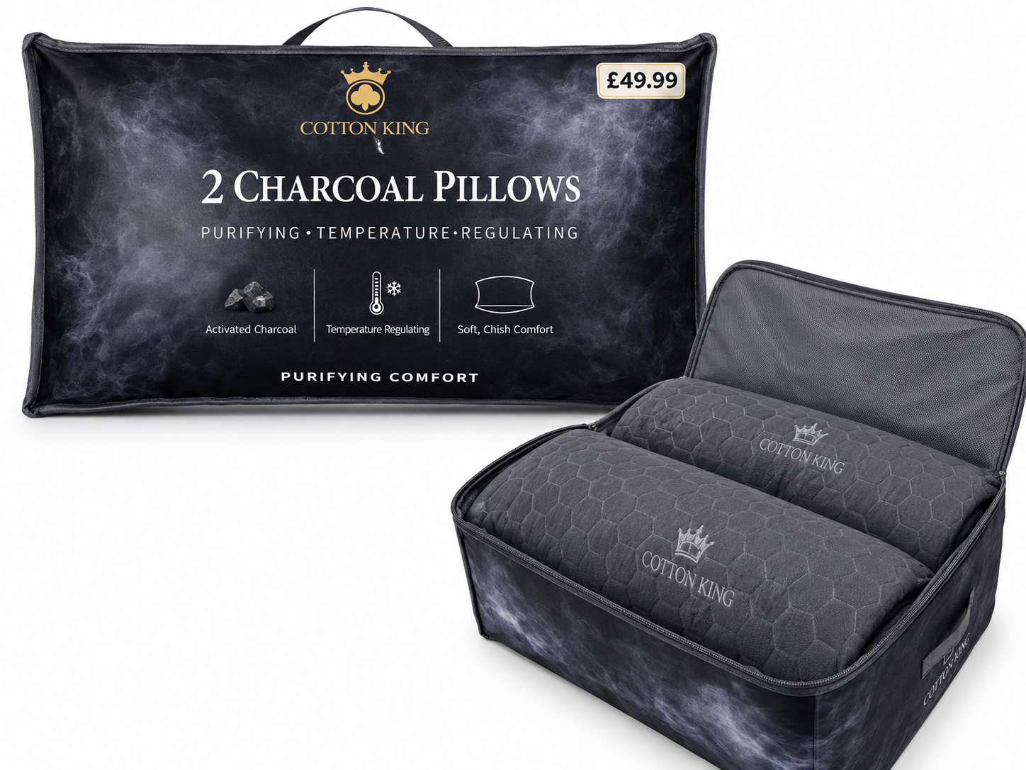 CHARCOAL MEMORY FOAM PILLOW SET - PACK OF 2 - SUPER SOFT,PREMIUM & COZY