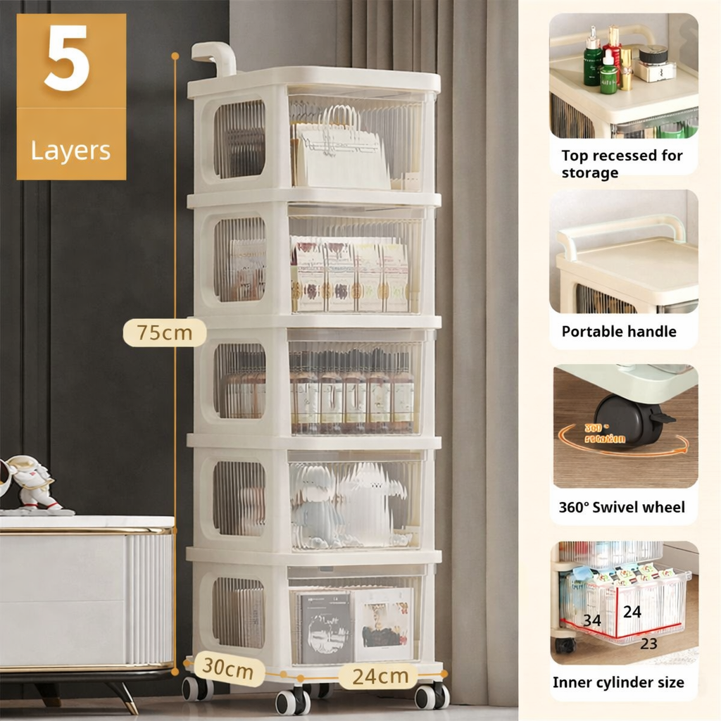 5-Tier Plastic Storage Drawer Trolley with Wheels – Mobile Organizer Cart (75 x 30 x 24 cm)