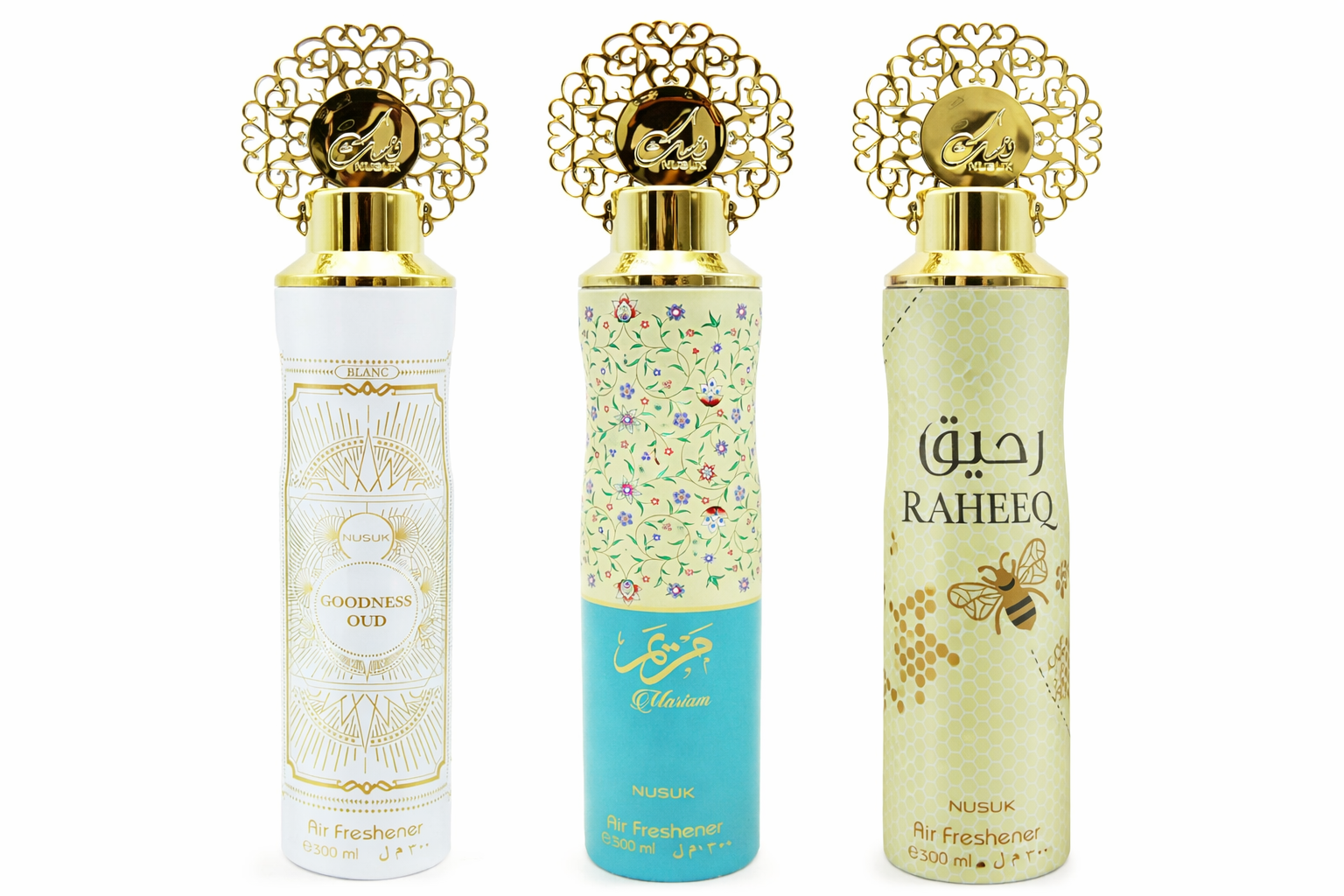 Nusuk Luxury Air Freshener Set – Premium Fragrance Spray 300ml (Goodness Oud, Mariam, Raheeq)