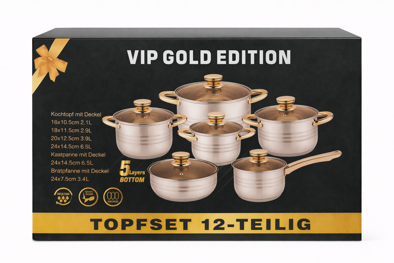 12 Piece Stainless Steel Cookware Set – Gold Edition Pots & Pans Set with Lids, Induction Compatible