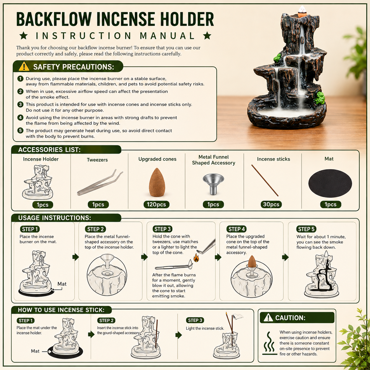 MOUNTAIN WATERFALL BACKFLOW INCENSE BURNER - ANTIQUE & VINTAGE LOOK