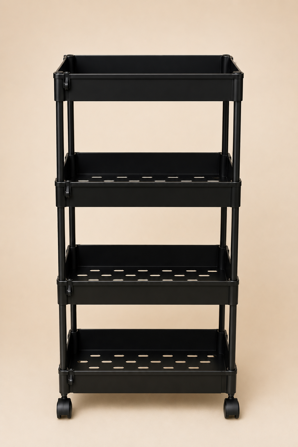 4 TIER PLASTIC STORAGE SHELVES RACK - BLACK/WHITE - EASY TO MOVE & SPACE-SAVING VERTICAL DESIGN