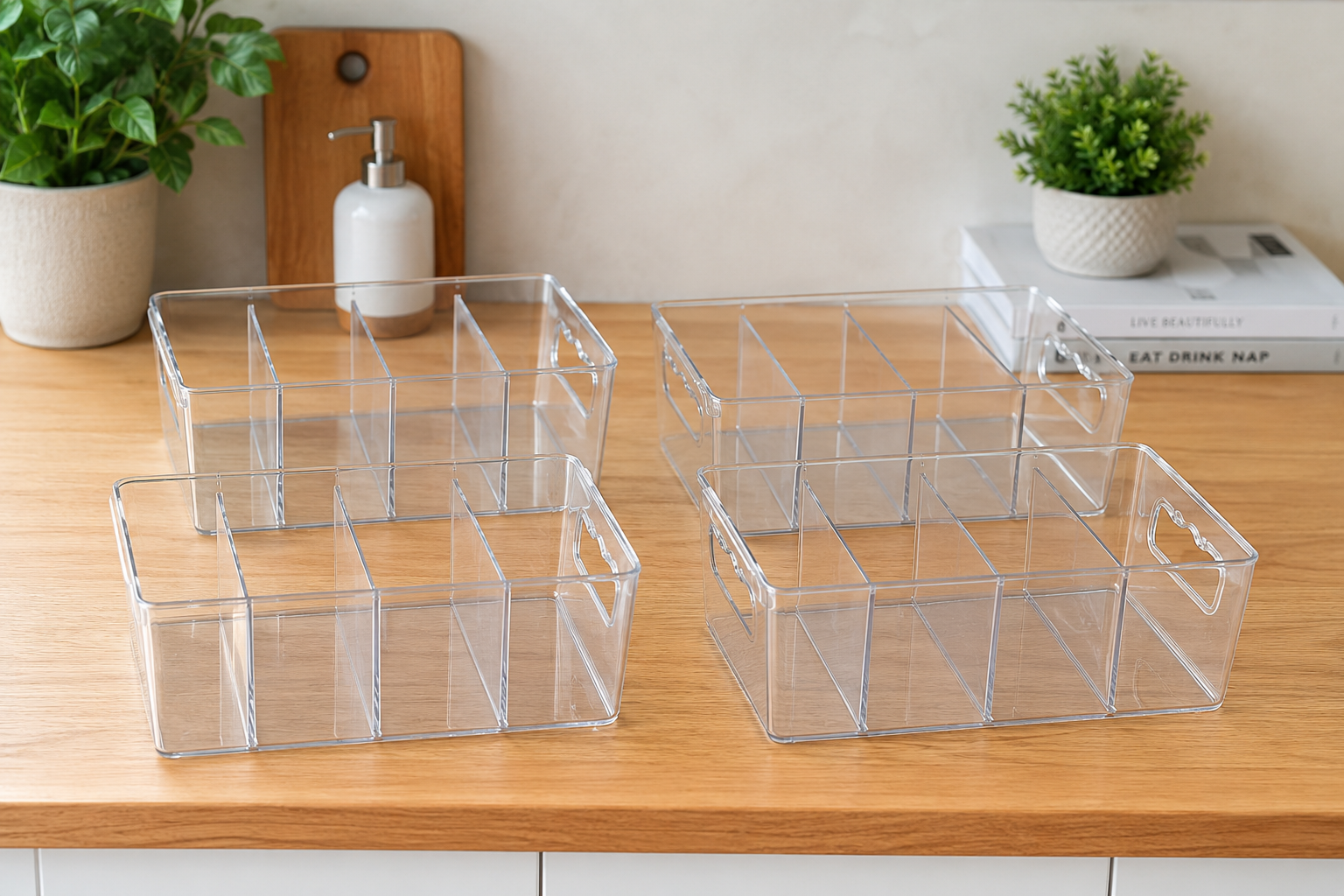 TRANSPARENT STORAGE BOXES - SET OF 4/PACK - REMOVABLE DIVIDERS WITH CONVENIENT SIDE HANDLES