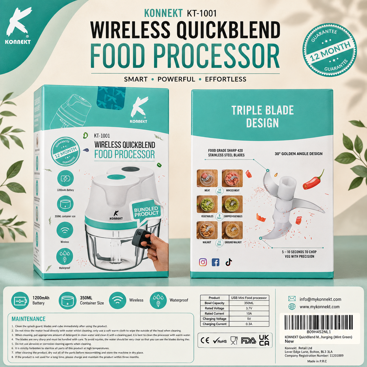 MINI WIRELESS QUICKBLEND FOOD PROCESSOR - SMART,POWERFUL & EFFORTLESS (model no:KT-1001) by KONNEKT