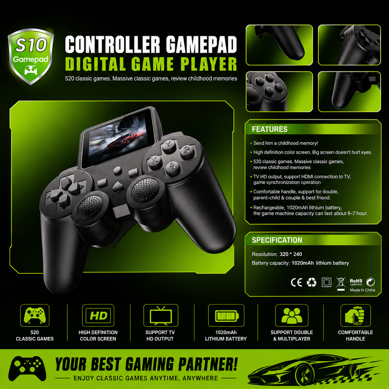 CONTROLLER GAMEPAD - DIGITAL GAME PLAYER - 520 CLASSIC GAMES & REVIEW CHILDHOOD MEMORIES