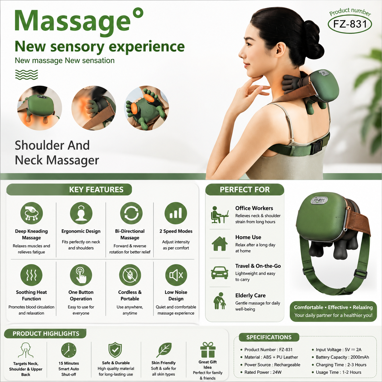MASSAGE MACHINE FOR SHOULDER AND NECK WITH SENSORY EXPERIENCE - LIGHTWEIGHT & PORTABLE (FZ-831)