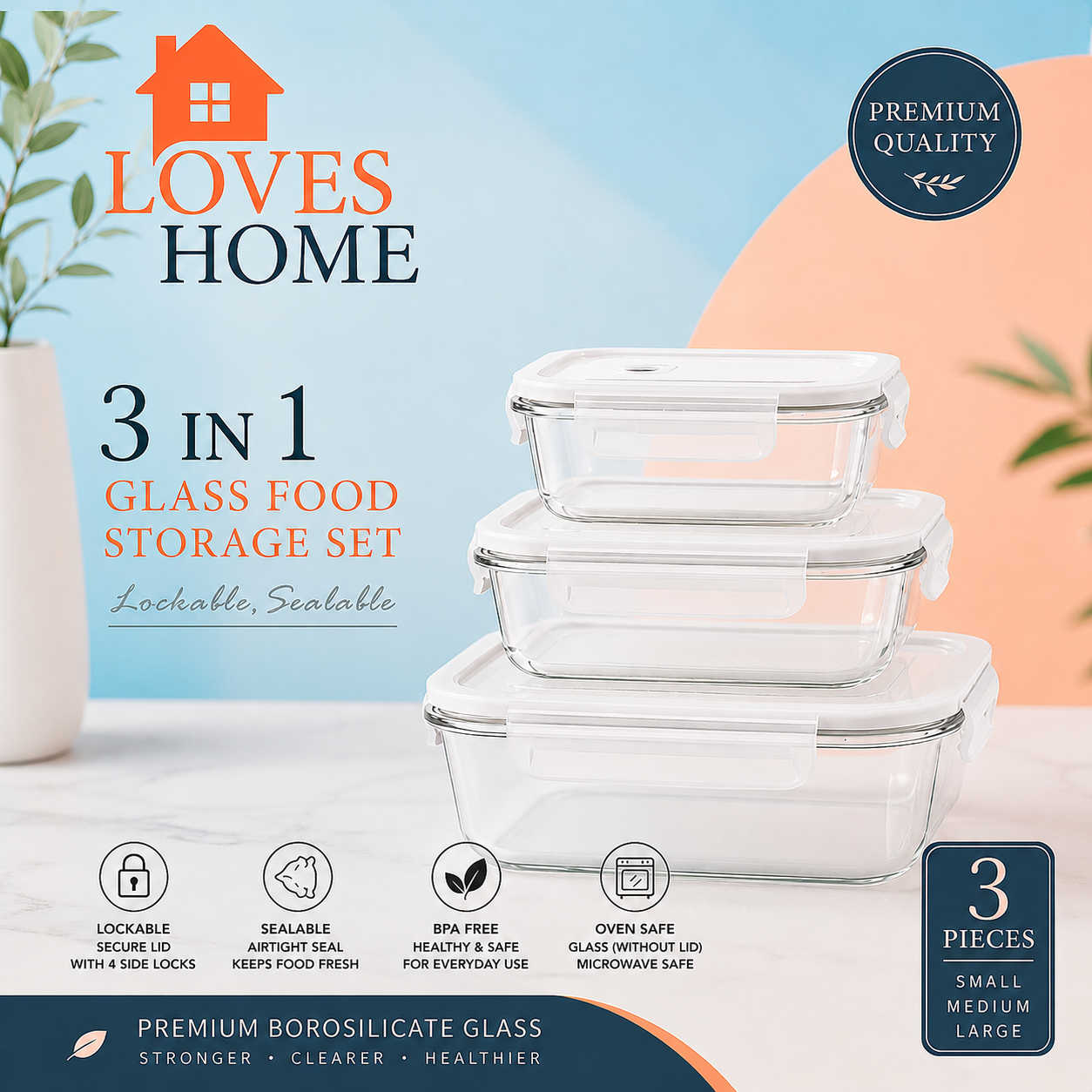 3 IN 1 GLASS FOOD STORAGE SET - SIZE - SMALL, MEDIUM & LARGE - PREMIUM BOROSILI by Loves Home