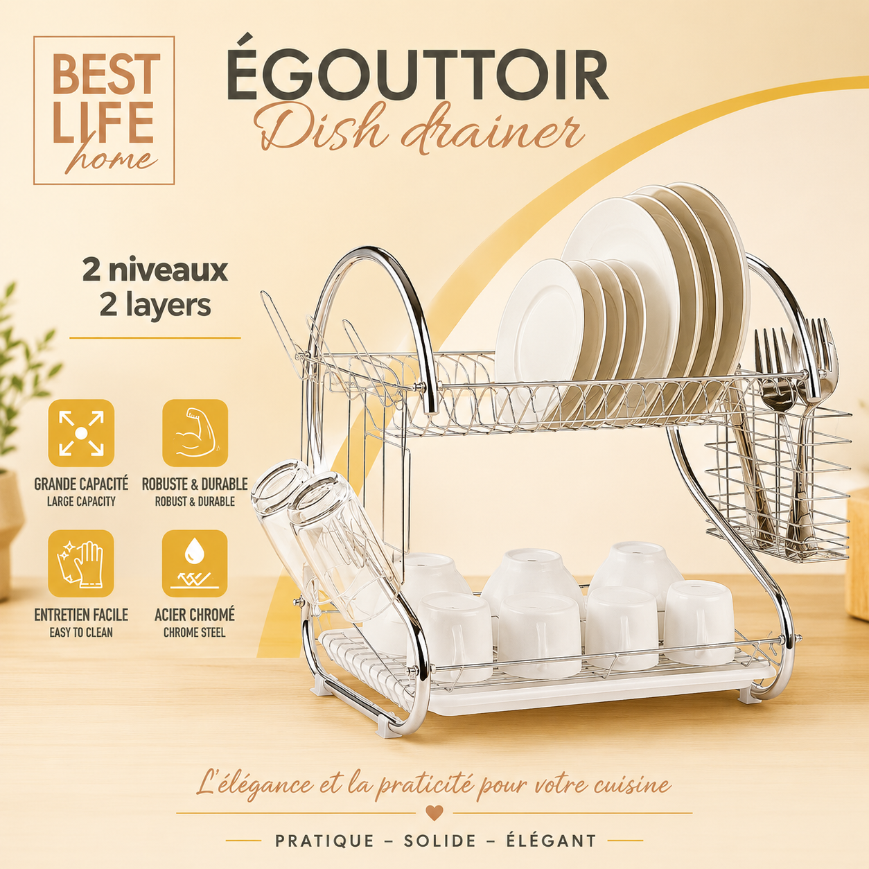 DISH DRAINER - LARGE CAPACITY,DURABLE,EASY TO CLEAN & CHROME STEEL (43cm*25cm*39cm) by Egouttoir